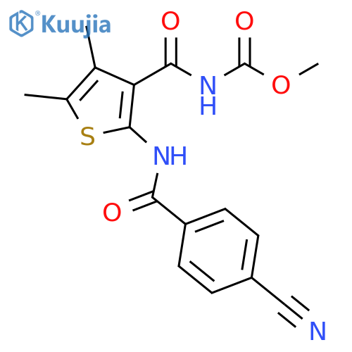 methyl N-2-(4-cyanobenzamido)-4,5-dimethylthiophene-3-carbonylcarbamate structure