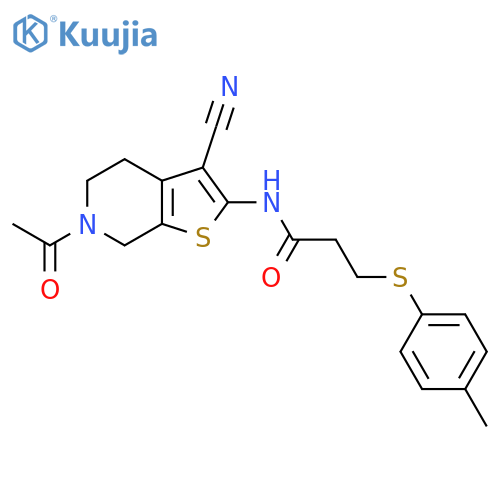 N-{6-acetyl-3-cyano-4H,5H,6H,7H-thieno2,3-cpyridin-2-yl}-3-(4-methylphenyl)sulfanylpropanamide structure
