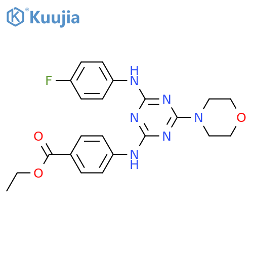 ethyl 4-({4-(4-fluorophenyl)amino-6-(morpholin-4-yl)-1,3,5-triazin-2-yl}amino)benzoate structure