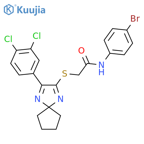 N-(4-bromophenyl)-2-{3-(3,4-dichlorophenyl)-1,4-diazaspiro4.4nona-1,3-dien-2-ylsulfanyl}acetamide structure