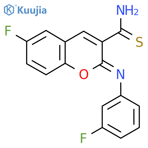 (2Z)-6-fluoro-2-(3-fluorophenyl)imino-2H-chromene-3-carbothioamide structure