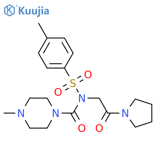 4-methyl-N-(4-methylbenzenesulfonyl)-N-2-oxo-2-(pyrrolidin-1-yl)ethylpiperazine-1-carboxamide structure