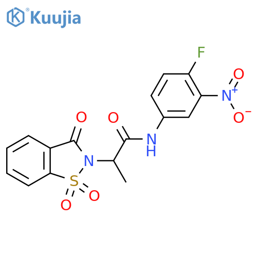 N-(4-fluoro-3-nitrophenyl)-2-(1,1,3-trioxo-2,3-dihydro-1lambda6,2-benzothiazol-2-yl)propanamide structure