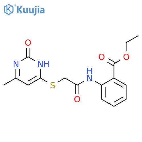 ethyl 2-{2-(6-methyl-2-oxo-1,2-dihydropyrimidin-4-yl)sulfanylacetamido}benzoate structure