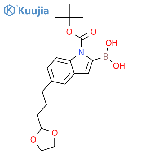 2-borono-5-[3-(1,3-dioxolan-2-yl)propyl]-1H-indole-1-carboxylic acid-1-(1,1-dimethylethyl) ester structure