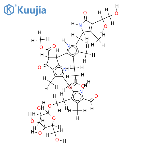 31,32-dihydroxy-82-(1-beta-D-glucopyranosyl)-oxy-1,4,5,10,15,20,22,24-(21H,23H)-octahydro-132-(methoxycarbonyl)-4,5-dioxo-4,5-seco-phytoprophyrinate structure