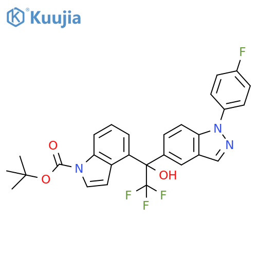 1H-Indole-1-carboxylic acid,4-[2,2,2-trifluoro-1-[1-(4-fluorophenyl)-1H-indazol-5-yl]-1-hydroxyethyl]-,1,1-dimethylethyl ester structure