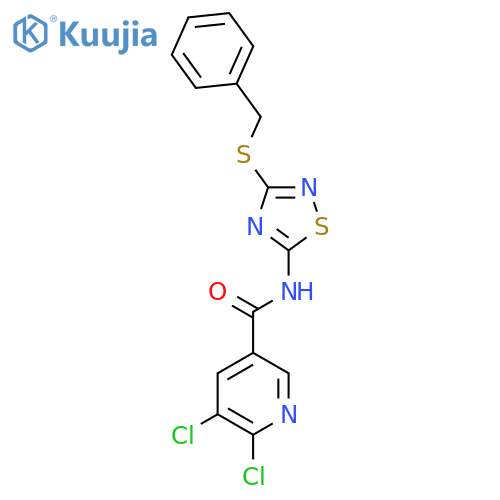 N-[3-(benzylsulfanyl)-1,2,4-thiadiazol-5-yl]-5,6-dichloropyridine-3-carboxamide structure