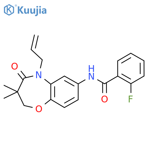 N-3,3-dimethyl-4-oxo-5-(prop-2-en-1-yl)-2,3,4,5-tetrahydro-1,5-benzoxazepin-7-yl-2-fluorobenzamide structure