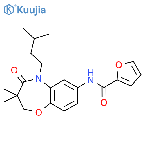 N-3,3-dimethyl-5-(3-methylbutyl)-4-oxo-2,3,4,5-tetrahydro-1,5-benzoxazepin-7-ylfuran-2-carboxamide structure