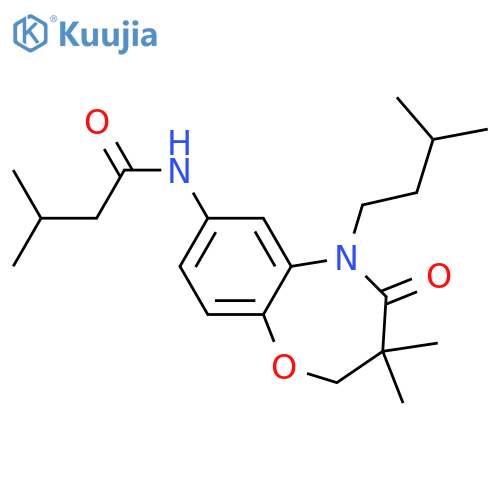 N-3,3-dimethyl-5-(3-methylbutyl)-4-oxo-2,3,4,5-tetrahydro-1,5-benzoxazepin-7-yl-3-methylbutanamide structure