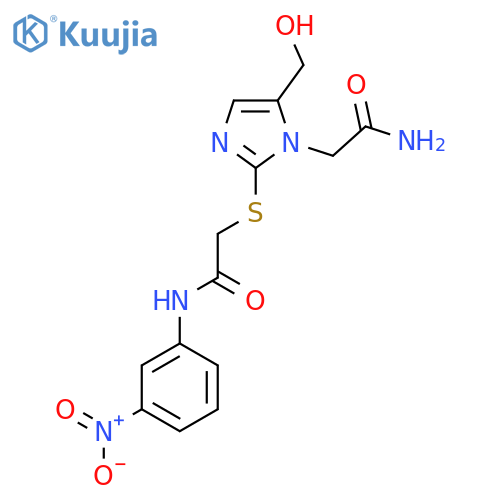 2-{1-(carbamoylmethyl)-5-(hydroxymethyl)-1H-imidazol-2-ylsulfanyl}-N-(3-nitrophenyl)acetamide structure