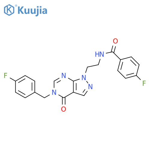 4-fluoro-N-(2-{5-(4-fluorophenyl)methyl-4-oxo-1H,4H,5H-pyrazolo3,4-dpyrimidin-1-yl}ethyl)benzamide structure