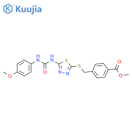 methyl 4-{(5-{(4-methoxyphenyl)carbamoylamino}-1,3,4-thiadiazol-2-yl)sulfanylmethyl}benzoate structure