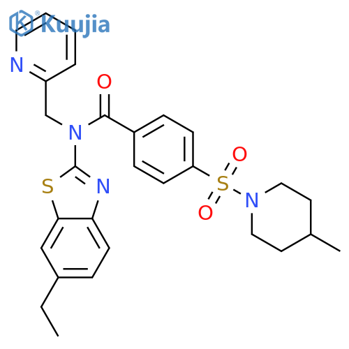 N-(6-ethyl-1,3-benzothiazol-2-yl)-4-(4-methylpiperidin-1-yl)sulfonyl-N-(pyridin-2-yl)methylbenzamide structure