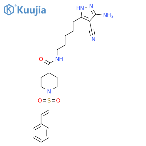 N-[5-(5-amino-4-cyano-1H-pyrazol-3-yl)pentyl]-1-(2-phenylethenesulfonyl)piperidine-4-carboxamide structure