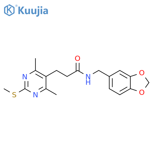 N-[(1,3-dioxaindan-5-yl)methyl]-3-[4,6-dimethyl-2-(methylsulfanyl)pyrimidin-5-yl]propanamide structure