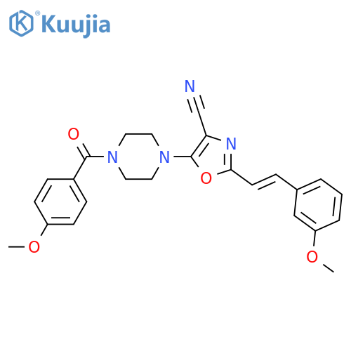 5-4-(4-methoxybenzoyl)piperazin-1-yl-2-(E)-2-(3-methoxyphenyl)ethenyl-1,3-oxazole-4-carbonitrile structure