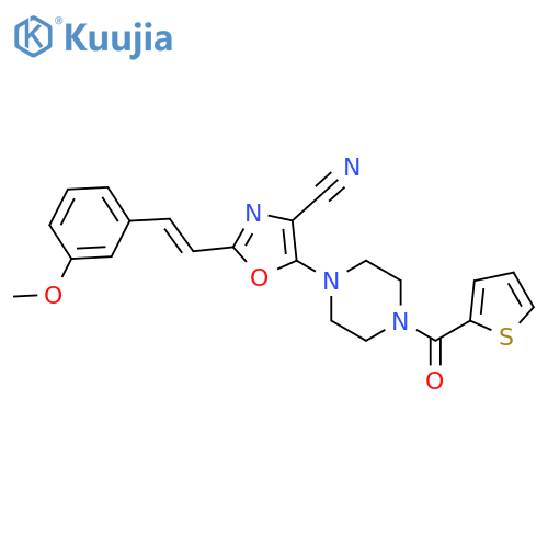 2-(E)-2-(3-methoxyphenyl)ethenyl-5-4-(thiophene-2-carbonyl)piperazin-1-yl-1,3-oxazole-4-carbonitrile structure
