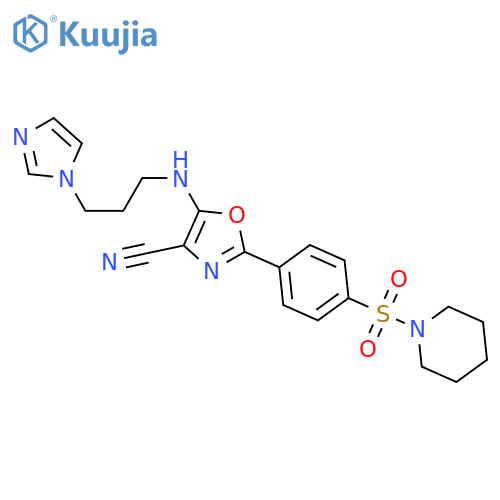 5-{3-(1H-imidazol-1-yl)propylamino}-2-4-(piperidine-1-sulfonyl)phenyl-1,3-oxazole-4-carbonitrile structure