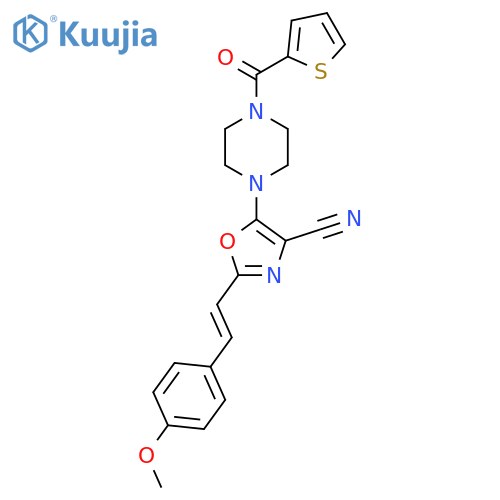 2-(E)-2-(4-methoxyphenyl)ethenyl-5-4-(thiophene-2-carbonyl)piperazin-1-yl-1,3-oxazole-4-carbonitrile structure