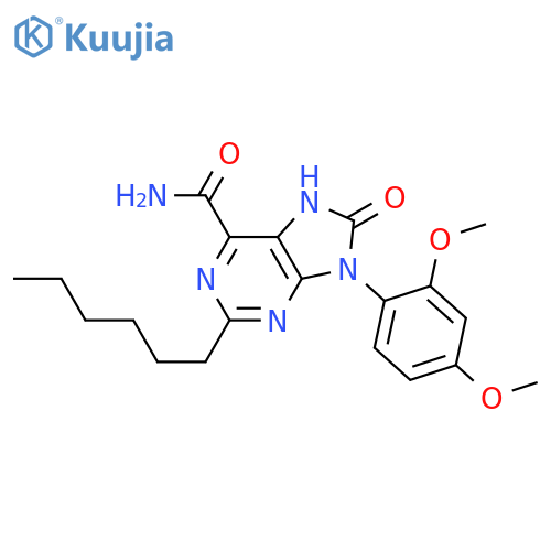 9-(2,4-dimethoxyphenyl)-2-hexyl-8-oxo-8,9-dihydro-7H-purine-6-carboxamide structure