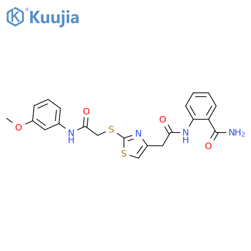 2-{2-2-({(3-methoxyphenyl)carbamoylmethyl}sulfanyl)-1,3-thiazol-4-ylacetamido}benzamide structure