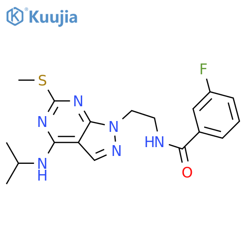3-fluoro-N-{2-6-(methylsulfanyl)-4-(propan-2-yl)amino-1H-pyrazolo3,4-dpyrimidin-1-ylethyl}benzamide structure