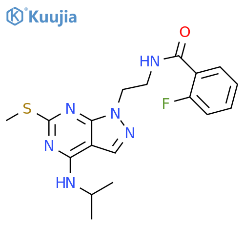 2-fluoro-N-{2-6-(methylsulfanyl)-4-(propan-2-yl)amino-1H-pyrazolo3,4-dpyrimidin-1-ylethyl}benzamide structure