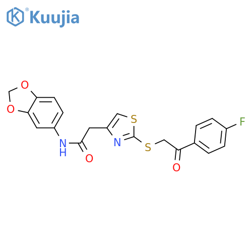 N-(2H-1,3-benzodioxol-5-yl)-2-(2-{2-(4-fluorophenyl)-2-oxoethylsulfanyl}-1,3-thiazol-4-yl)acetamide structure