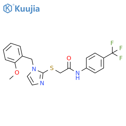 2-({1-(2-methoxyphenyl)methyl-1H-imidazol-2-yl}sulfanyl)-N-4-(trifluoromethyl)phenylacetamide structure