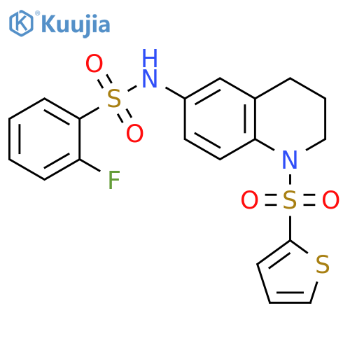 2-fluoro-N-1-(thiophene-2-sulfonyl)-1,2,3,4-tetrahydroquinolin-6-ylbenzene-1-sulfonamide structure