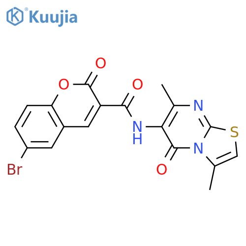 6-bromo-N-{3,7-dimethyl-5-oxo-5H-1,3thiazolo3,2-apyrimidin-6-yl}-2-oxo-2H-chromene-3-carboxamide structure