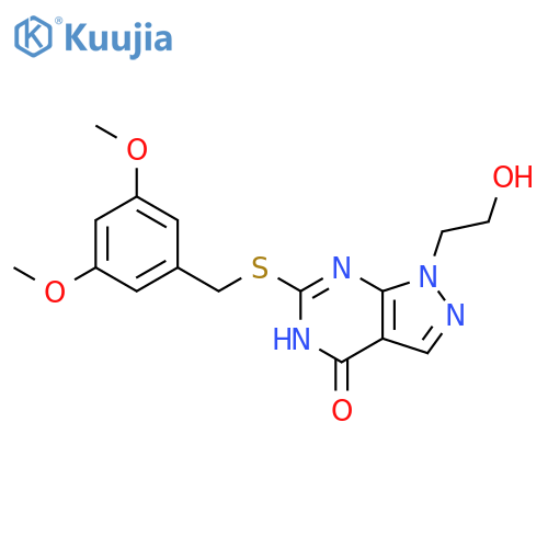 6-{(3,5-dimethoxyphenyl)methylsulfanyl}-1-(2-hydroxyethyl)-1H,4H,5H-pyrazolo3,4-dpyrimidin-4-one structure