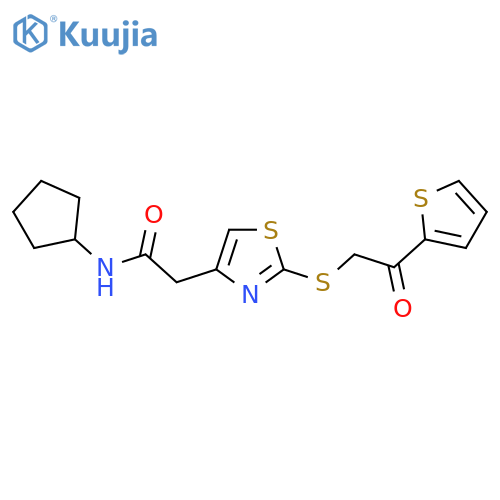 N-cyclopentyl-2-(2-{2-oxo-2-(thiophen-2-yl)ethylsulfanyl}-1,3-thiazol-4-yl)acetamide structure