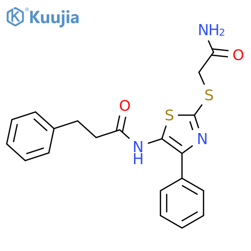 N-{2-(carbamoylmethyl)sulfanyl-4-phenyl-1,3-thiazol-5-yl}-3-phenylpropanamide structure