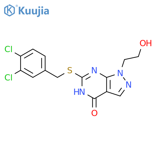 6-{(3,4-dichlorophenyl)methylsulfanyl}-1-(2-hydroxyethyl)-1H,4H,5H-pyrazolo3,4-dpyrimidin-4-one structure