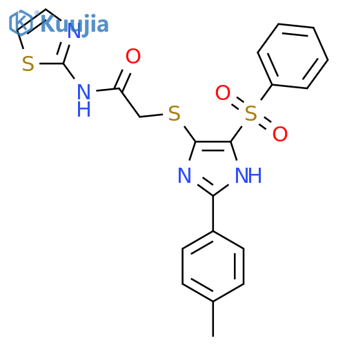 2-{4-(benzenesulfonyl)-2-(4-methylphenyl)-1H-imidazol-5-ylsulfanyl}-N-(1,3-thiazol-2-yl)acetamide structure