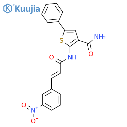 2-(2E)-3-(3-nitrophenyl)prop-2-enamido-5-phenylthiophene-3-carboxamide structure