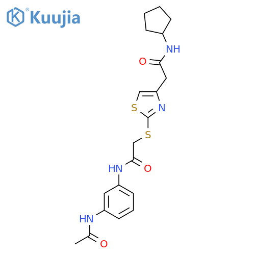 2-({4-(cyclopentylcarbamoyl)methyl-1,3-thiazol-2-yl}sulfanyl)-N-(3-acetamidophenyl)acetamide structure