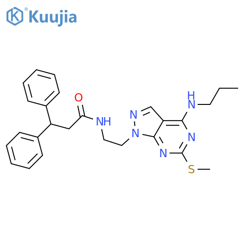 N-{2-6-(methylsulfanyl)-4-(propylamino)-1H-pyrazolo3,4-dpyrimidin-1-ylethyl}-3,3-diphenylpropanamide structure