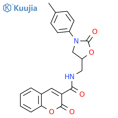 N-{3-(4-methylphenyl)-2-oxo-1,3-oxazolidin-5-ylmethyl}-2-oxo-2H-chromene-3-carboxamide structure