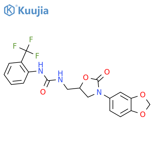 3-{3-(2H-1,3-benzodioxol-5-yl)-2-oxo-1,3-oxazolidin-5-ylmethyl}-1-2-(trifluoromethyl)phenylurea structure