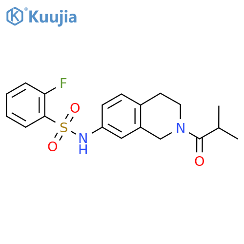 2-fluoro-N-2-(2-methylpropanoyl)-1,2,3,4-tetrahydroisoquinolin-7-ylbenzene-1-sulfonamide structure