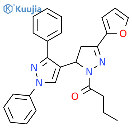 1-5-(furan-2-yl)-1',3'-diphenyl-3,4-dihydro-1'H,2H-3,4'-bipyrazole-2-ylbutan-1-one structure