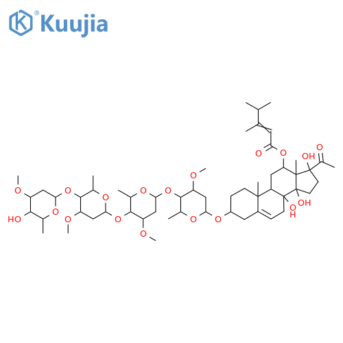 3-{[2,6-dideoxy-3-O-methylhexopyranosyl-(1->4)-2,6-dideoxy-3-O-methylhexopyranosyl-(1->4)-2,6-dideoxy-3-O-methylhexopyranosyl-(1->4)-2,6-dideoxy-3-O-methylhexopyranosyl]oxy}-8,14,17-trihydroxy-20-oxopregn-5-en-12-yl (2E)-3-methylhex-2-enoate structure