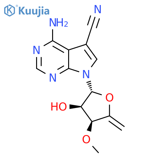 4-amino-7-(5-deoxy-3-O-methyl-beta-D-erythro-pent-4-enofuranosyl)-7H-pyrrolo[2,3-d]pyrimidine-5-carbonitrile structure